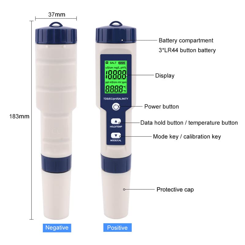 5 in 1 PH Meter Gomass 0.01 High Accuracy ph Tester Digital for Water TDS/EC/Salt/Temp/PH Pen, PPM Meter Water Tester Drinking Water, Hydroponics, Plants, Aquarium and Pool blue