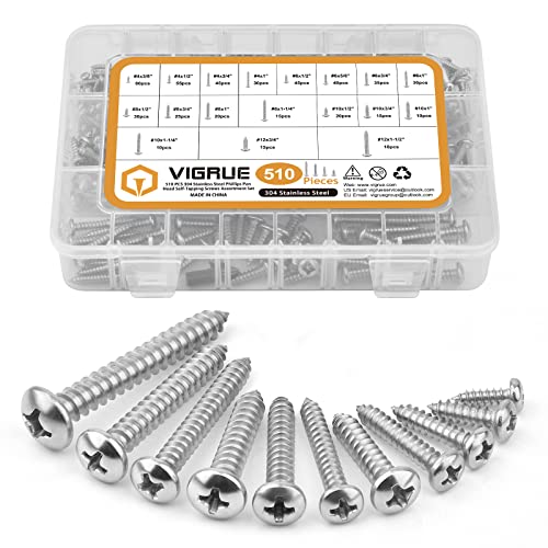 Phillips Pan + Flat Head Stainless Steel Wood Screws Assortment Kit, Sheet Metal Screws Self Tapping Screws Set, Reliable Assorted Fastener Kit with Various Length