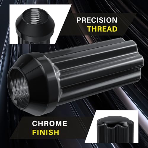 24pcs M14x1.5 Black Lug Nuts - Closed End Bulge Cone Seat Spline Wheel Locks with Socket Key - Compatible with 8-Lug Aftermarket Rims for Chevy Silverado 1500, GMC Sierra & Suburban 24+1
