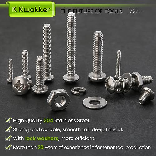 1059Pcs Nuts and Bolts Assortment Kit Phillips Pan Head #2-56#4-40#6-32#8-32#10-24#12-24 Machine Screws, K Kwokker 26 Sizes 304 Stainless Steel Screws Nut and Bolt Assortment with Screw Organizer A. #2-56 - #12-24
