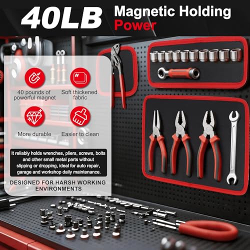 Magnetic Tool Mat Set for Mechanics, Flexible Heavy Duty Magnetic Parts Holder and Tool Organizer for Wrenches, Screws, Nuts, Bolts, Garage Toolbox Accessories (Red, 3PC) Red