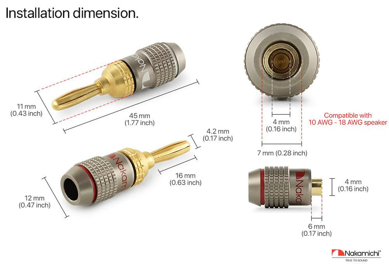 Nakamichi FanLock Excel Series 24k Gold Plated Banana Plug 10 AWG - 18 AWG Gauge Size 4mm for Speakers Amplifier Hi-Fi Stereo Home Theatre Radio Audio Wire Cable Quick Connector, 16 Pcs (8-Pairs) 16 Pcs (8-Pairs)