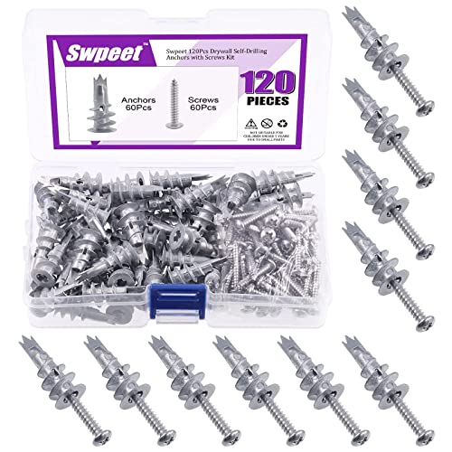 Swpeet 200Pcs Drywall Self-Drilling Anchors with Screws Kit + 120Pcs Zinc Self Drilling Drywall Anchors
