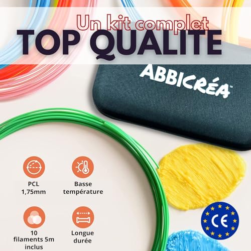 Complete Kit with Hard Bag, 10 x 5 m PCL Filaments, Finger Protectors and Instructions in French | Safe, Non-Toxic, Children's Gift for Arts and Crafts | Surprise Gift Present Inside