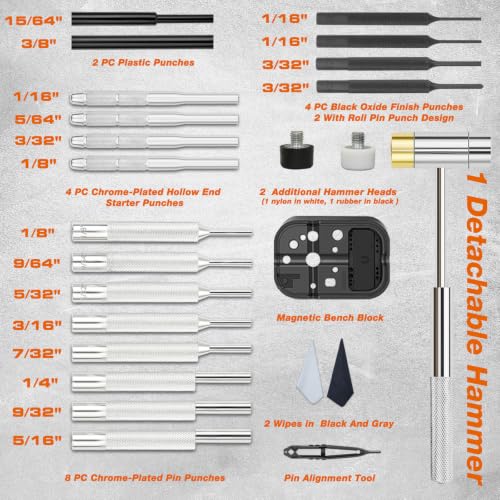 BESTNULE 25pc Punch Set and Hammer, Roll Pin Punch Set with Bench Block 25-piece set