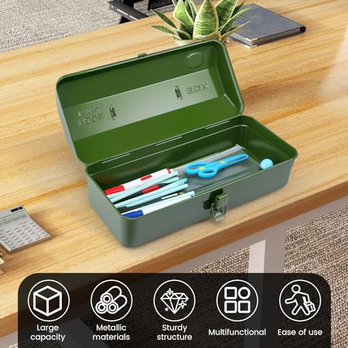 15 Inch Metal Tool Box with Lock - Portable Heavy Duty Workshop Tool Storage Case with Handle, Locking Hardware Organizer Box for Tools, Screws & Parts (Green) green