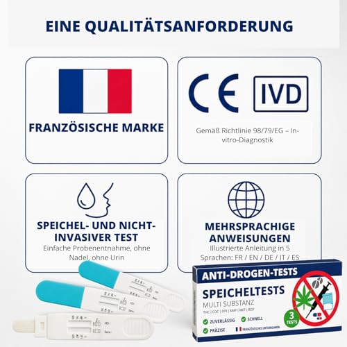 Drug Test Quick Test Saliva 6 Substances - Multi-Drug Test for Home - Saliva Test for THC, Cocaine, Amphetamine, Methamphetamine, Opiates & Benzodiazepines - Result in Minutes, Pack of 3