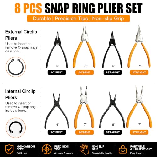 8PCS Snap Ring Pliers Set, 6" & 7" Internal External Circlip Tool