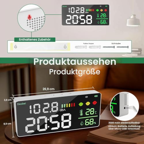 Sound Level Meter Decibel Meter LED Screen Brightness Adjustment 30-130dBA Range 4-in-1 Noise, Time, Temperature and Humidity, Suitable for Home, Office, etc gr-165a