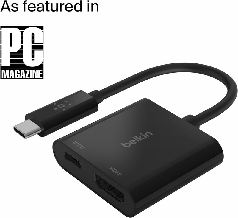 Belkin USB C to HDMI Adapter + USBC Charging Port to Charge While You Display, Supports 4K UHD Video, Passthrough Power up to 60W for Connected Devices, Compatible with MacBook, iPad, Windows USB-C to HDMI + Charging