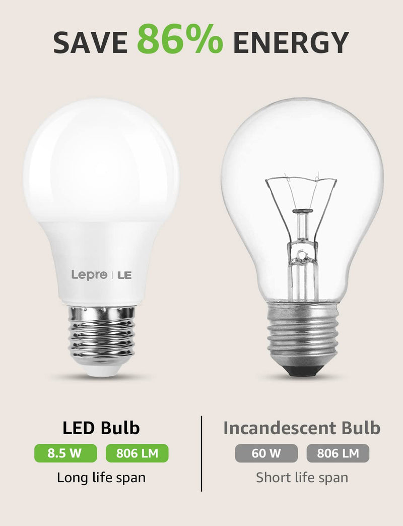 Lepro 8.5 W E27 LED Warm White, 806LM 2700K Light Bulb E27 | Non-dimmable, 180° beam angle E27 bulb, replaces 60 W bulbs, A60 bulbs, pack of 6 2-Warm White