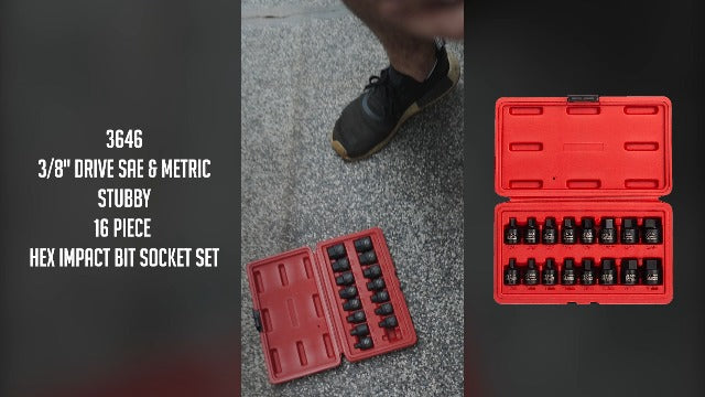 Sunex 3646, 3/8 Inch Drive Low Profile Impact Hex Driver Set, 16-Piece, SAE/Metric, 1/4 Inch - 3/4 Inch, 6mm - 19mm, Cr-Mo Steel, Dual Size Markings, Heavy Duty Storage Case, Meets ANSI Standards