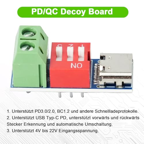 USB-C PD Trigger Board Module, PD/QC Decoy Board with DIP Switch for 5V/9V/12V/15V/20V Quick Charge, Power Delivery Boost Module, Compatible with PD3.0/2.0 & QC (Pack of 3) 3 pieces