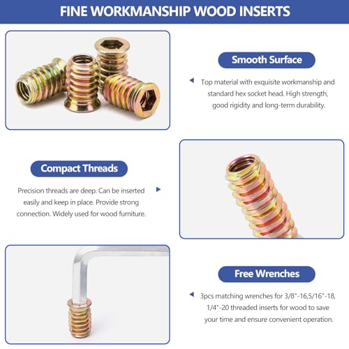 178Pcs Threaded Inserts for Wood,1/4"-20, 5/16"-18, 3/8"-16 10 Sizes Carbon Steel Inserts Kit,Hex Socket Threaded Screw Assortment with 3PCS Hex Wrench for Furniture 178Pcs Imperial Nuts