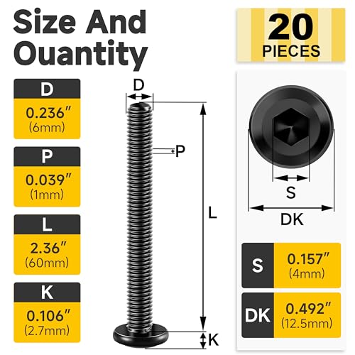 Mywish M6 x 60mm 20Pcs Flat Head Hex Socket Cap Screws Bolts & 640Pcs M6 Screw Black Bolts and Nuts Kit, M6 Socket Head Cap Screw Metric Bolts Assortment, Machine Screws, Black Oxide & Hex Spanner