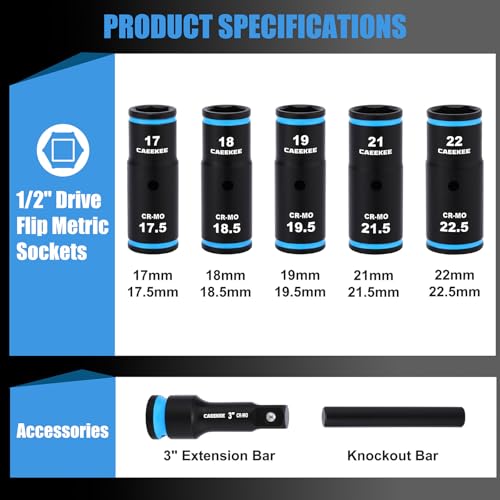 1/2" Drive Lug Nut Impact Socket Set, 7PCS Thin Wall Flip Socket Set, Half Size Metric Wheel Socket Set, 17.5mm, 18.5mm, 19.5mm, 21.5mm, 22.5mm, 6 Point, CR-MO, 3" Extension Bar & Knockout Bar 7PCS Half Size Metric