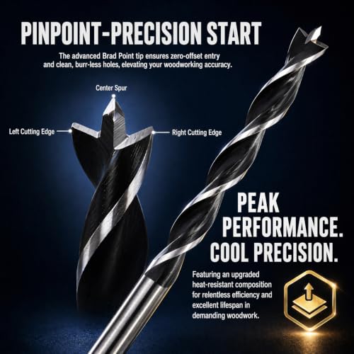 9" Brad Point Wood Drill Bit Set, 7-Pack SAE Upgraded 7-Piece SAE Set