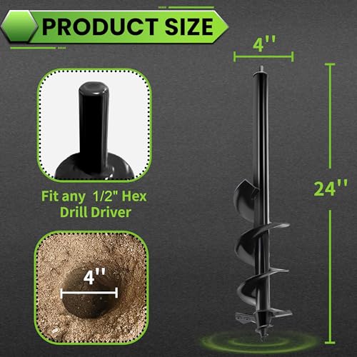 Auger Drill Bit for Planting - 4"X24" Heavy-Duty Auger Post Hole Digger for Fence- 1/2" Hex Drive Drill 4"X24"
