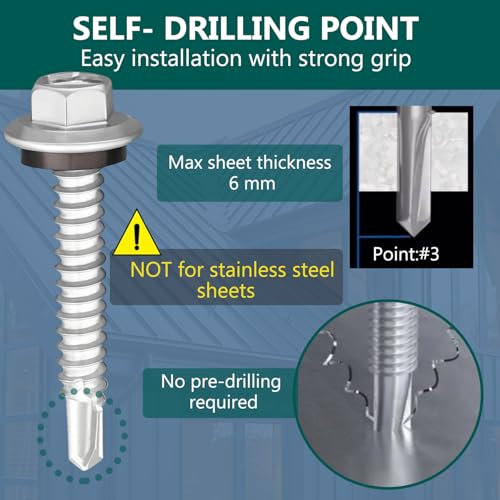 200pcs #12 X 1” Roofing Screws, Self-Tapping Screws for Metal, Hex Head #12 X 1”-200 200