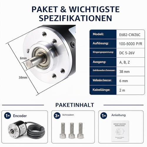 1000P/R Rotary Encoder, 300P/R to 2500P/R Incremental Encoder Module, DC 5-26 V, Universal Rotary Encoder, A, B, Z 3-Phase Output, with 2 m Cable 6 mm D-Wave, for Intelligent Control Path Measurement (1000P/R) 1000P/R