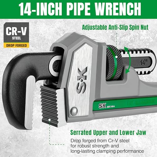 SK 14'' Pipe Wrench, Adjustable Plumbers Wrench, Aluminum Plumbing Wrench 14" Pipe Wrench