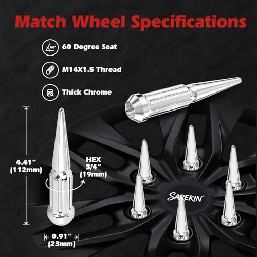 32pcs Chrome Spiked Spline Lug Nuts 4.4 Tall Wheel Lug Nut with Socket Key M14 x 1.5 32