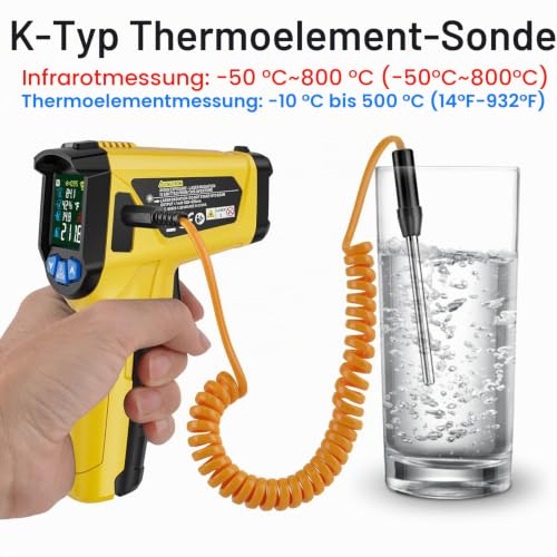 Infrared Thermometer MESTEK Temperature Meter Digital Laser IR Pyrometer K-Probe -50°C ~ 800°C Non-Contact with Color LCD Alarm Function Adjustable Emissivity for Kitchen Grill Automotive IR02C-Yellow