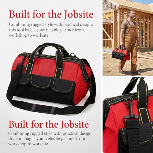 Hiceeden 16 Inch Wide Mouth Tool Bag, Collapsible Tool Tote with Waterproof Coating and Adjustable Strap, Portable Electrician Tool Organizer Handbag with 5 Outside Pockets, Red (Pack of 3) 16.1 x 8.2 x 8.6 inches (Pack of 3)
