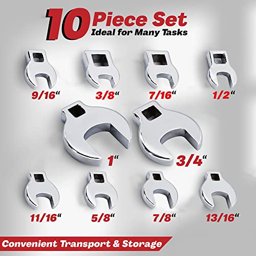 Crows Foot Wrench Set (SAE/Inch) Easily Access Hard-To-Reach Areas, Ideal for Tight Spaces, Great for Automotive Repair Work - Includes Sizes: From 3/8" to 1 Inch - 10-Piece Kit With Clip-on Organizer SAE (Inch)