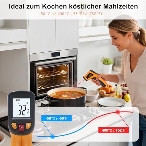 KETOTEK Infrared Thermometer Laser Digital IR Pyrometer Non-Contact Temperature Gun -50°C to 400°C Temperature Meter for Cooking Barbecue Freezer Industrial Food KT400Y