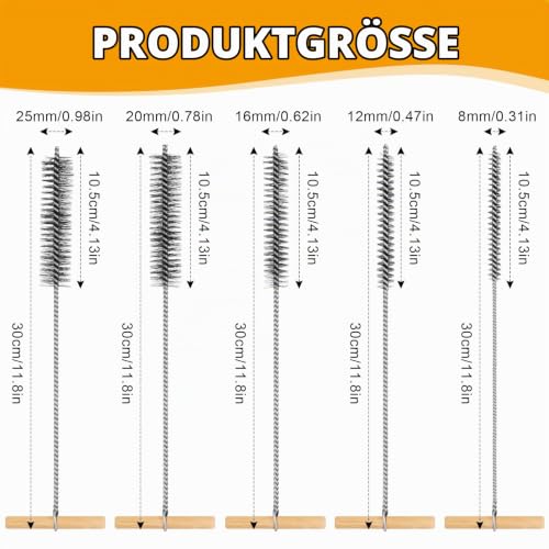 5 Piece Drill Hole Brush Set, 8 mm/12 mm/16 mm/20 mm/25 mm T-Handle Tube Brush | Round hole brush, cleaning brush, pipe cleaner brush for impact drills, efficient drill hole cleaning