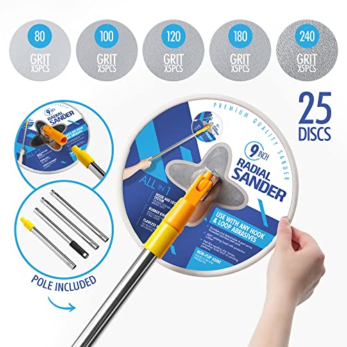 9 Inch Radial Sander for Drywall & Home Improvement Renovations, Ideal for All Home Projects - Includes 25pcs Wall Sanding Discs & Extension Pole, Use for Multiple Projects