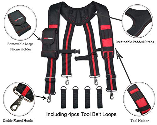MELOTOUGH Tool Belt Suspenders Construction Work Suspenders with detachable phone holder, Tool Belt Pouches with Detachable Hammer Holster for Electrician, Carpenter, Construction