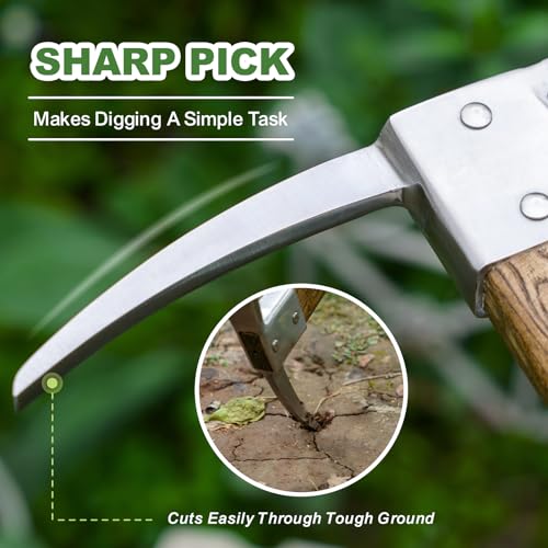 Hand Dibber with 5 inches Measuring Scale, Easy to Grip L-Shaped Wood Handle Dibbler, Stainless Steel Mattock with Sharp Pick and Cutting Edge for Breaking up Heavy Clay Soil