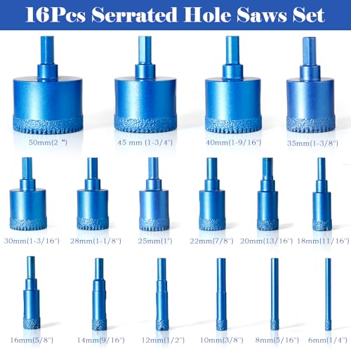 Diamond Core Drill Bits Set,16pcs Tile Hole Saw Kit Serrated Brazing Core Drill Bit Set for Porcelain Glass Ceramic Stone Granite Marble | Dry/Wet Dual-Use | High-Precision Drilling Blue Set of 16 drill bits