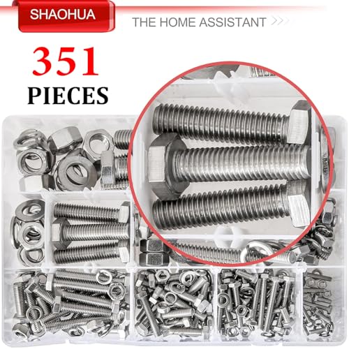 M3/M4/M5/M6/M8/M10/M12 Metric Bolt Assortment Kit, 304 Stainless Steel Heavy Duty Flat Hex Head Screws Bolts and Nuts Kit, Nuts Flat Gasket and Lock Washers Assortment Ki, Silver, 351Pcs Silver - 351PCS M3 M4 M5 M6 M8 M10 M12