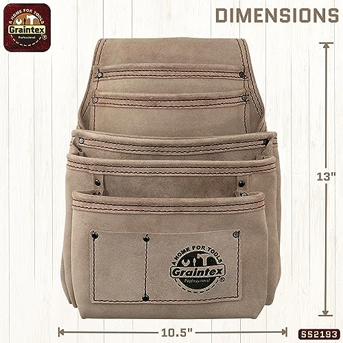 Graintex 7 Pocket Nail & Tool Pouch, Suede Leather Tool Bag, Tool Belt for Constructors, Electricians, Handymen, HVAC Tools, Professional Organizer with Adjustable Fit Beige