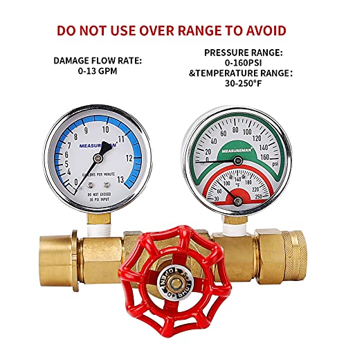 MEASUREMAN Brass Water Flow, Temperature and Pressure Test Assembly，Pressure (0-160 PSI) Flow Rate (0-13 GPM) Temperature (30-250 deg F), 3/4" GHT Female Thread & 3/4" Push-to-Connect Fitting