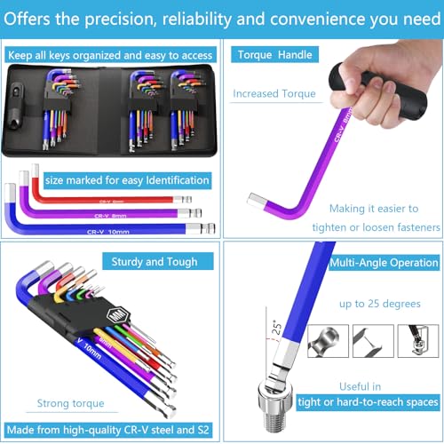 27 PCS Hex Key Set, Color-Coded, Chrome Vanadium Steel, Ideal for DIY Repairs of Bikes, Furniture, Electronics, Machinery, Cars, Motorcycles and Toys 27 PCS Set