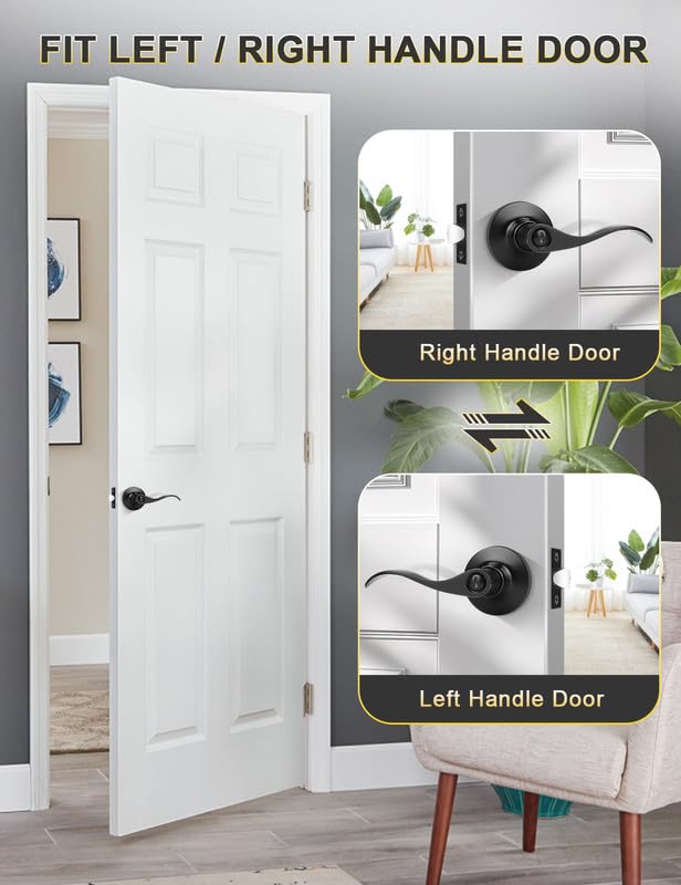 Mengico 2 Pack Door Lever Interior,Black Lever Door Handle,Modern Door Handle Privacy Door Lever(for Bedroom Bathroom),Reversible Wave Lever Handles Black