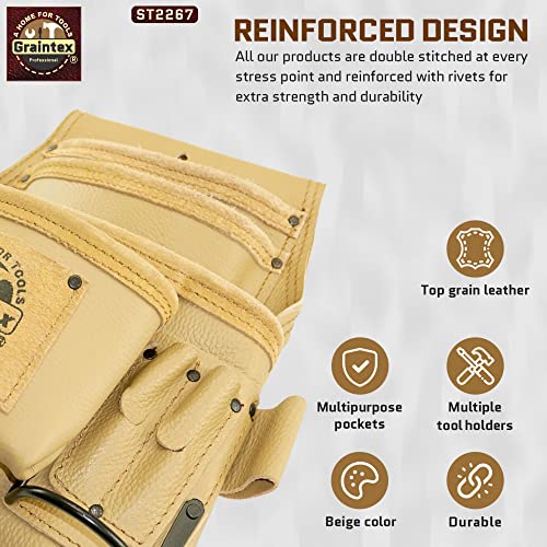 Graintex ST2267 10 Pocket Nail & Tool Pouch Rugged Beige Color Top Grain Leather for Framers, Constructors, Electricians, Plumbers, Hnadyman