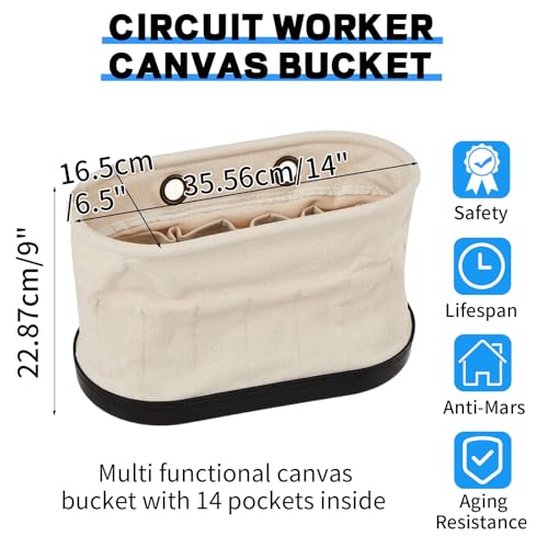 Canvas Bucket Bag, Aerial Oval Tool Bucket With Hooks & 15 Pockets, Oval Hard-Body Bucket Tool Organizer, Black Molded Polypropylene Bottom, for Industrial Maintenance Construction Sites (White)