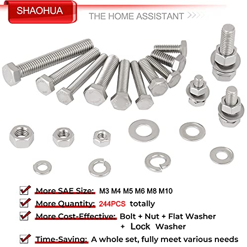 Metric Bolt Assortment, 244PCS M3 M4 M5 M6 M8 M10 Hex Bolts and Nuts Kit, 10-50mm Stainless Steel Bolts and Nuts Kit, Flat Hex Head Screws Bolts Nuts, Lock and Flat Gasket Washers Assortment Kit A. M3 M4 M5 M6 M8 M10