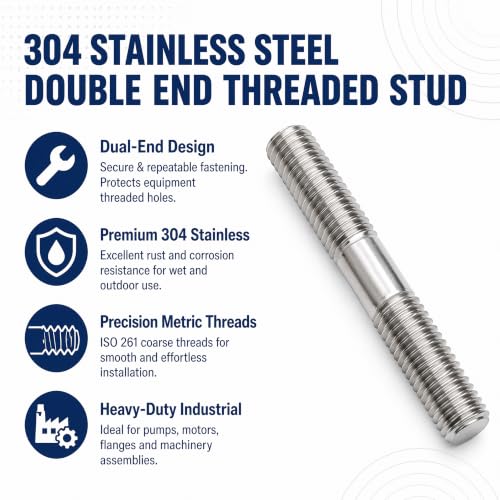 304 Stainless Steel Double End Threaded Stud Bolt for Flange Connection, Pump, Motor, Machinery Assembly, Industrial Repair & Construction, M10 x 150mm, 1.5mm Pitch, 4PCS