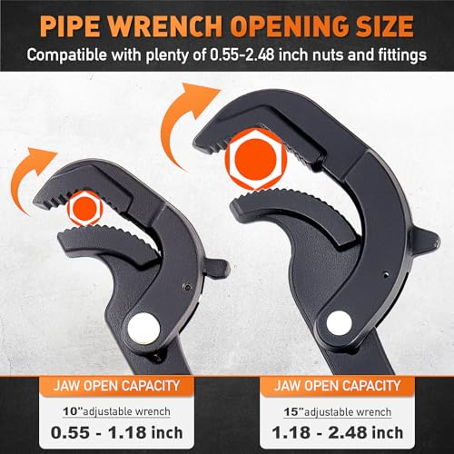 HORUSDY Heavy Duty Pipe Wrench Set, 10” and 15” Self-Adjusting Pipe Wrenches for Plumbing and HVAC, 2-Piece Pipe Vise Tool Kit for Standard and Irregular Nuts, Pipes, Fixtures – Pipe Wrench Set