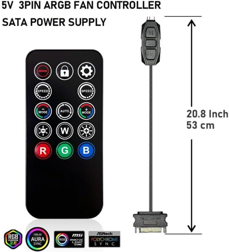 Mini ARGB PC Fans Controller Kit for ARGB Case Fans, PC ARGB LED Strip，14 Key Remote Control Switch Colors ARGB Fan Controller 14 KEY ARGB PC Fans Controller Kit