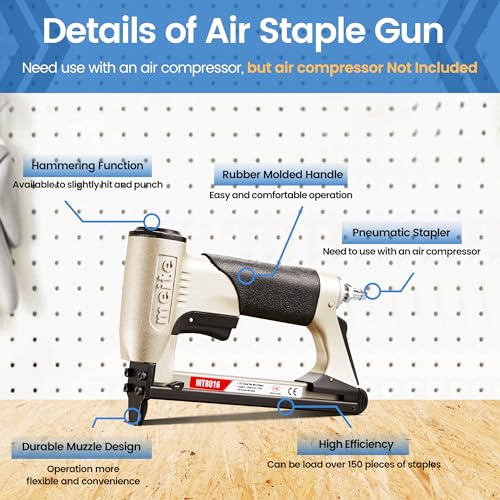 meite Pneumatic Upholstery Staple Gun for 21 Gauge 1/2-Inch Crown Staples, Heavy-Duty Stapler Gun for Woodworking, Carpentry, and DIY Projects (Model MT8016)