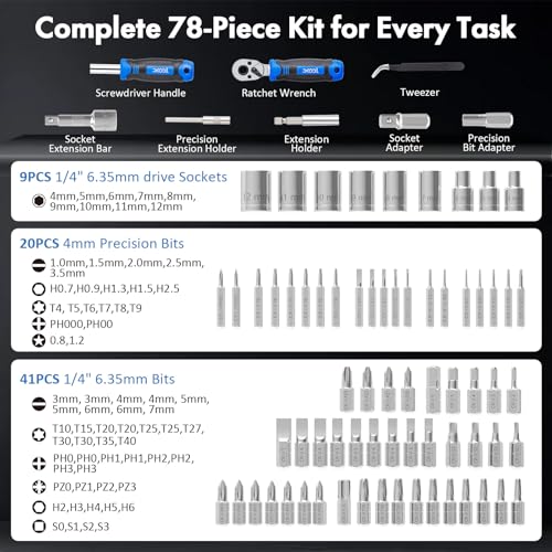 XOOL 78-Piece Ratchet Wrench & Screwdriver Tool Set with Metric 1/4" Sockets 4–12mm, Magnetic Precision & Standard Bits for Electronics, Home Repair & DIY 78 in 1