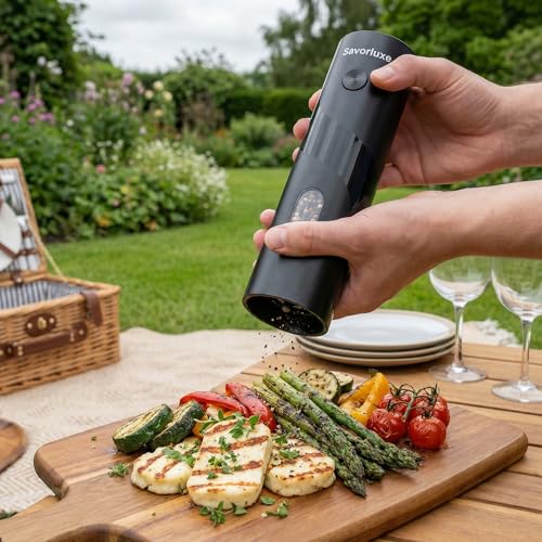 Electric Salt and Pepper Grinder Set 2 Pack, Top-Refill Battery Operated Pepper Mills with Storage Base, Adjustable Coarseness, 120ml per Grinder & White LED Light, Black