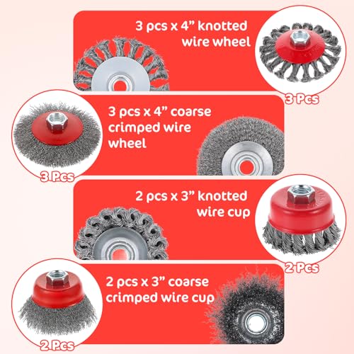 10-Pack Stainless Steel Wire Wheel & Cup Brush Set for 4-1/2" Angle Grinder - 4 & 3 Inch Knotted and Crimped Brushes with 5/8"-11 Threaded Arbor for Rust, Paint, Weld Removal